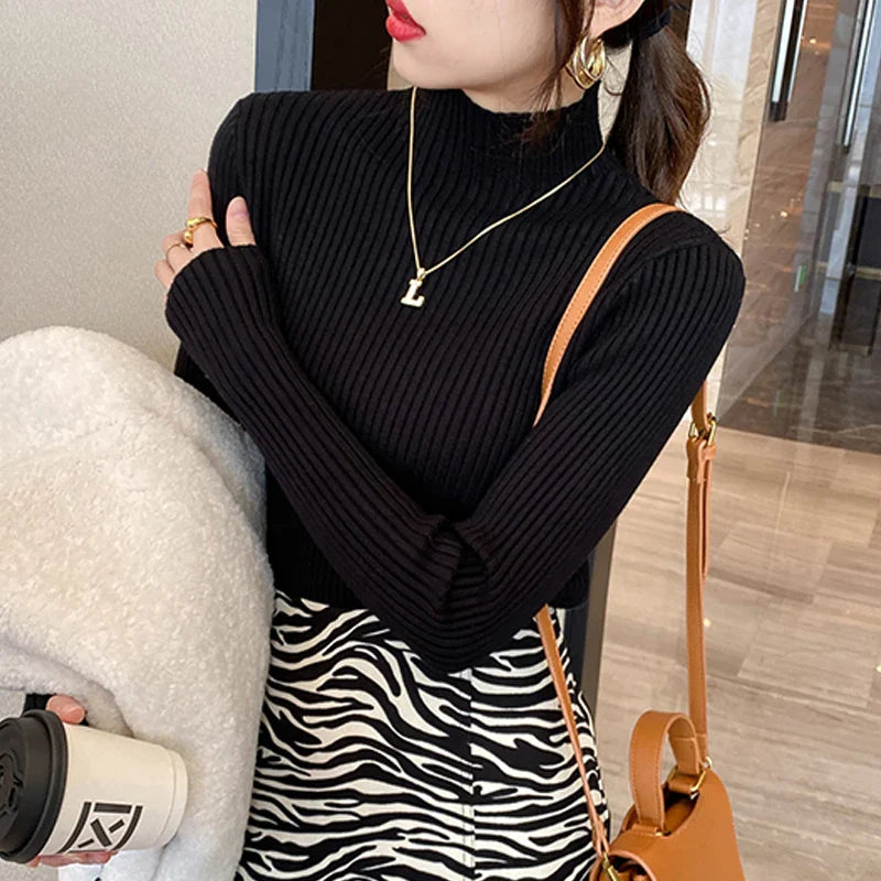 Pullover Long Sleeve Mock Neck Knitted Women Sweater