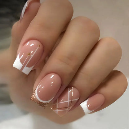 24Pcs Short Square Coffin False Nails Square Fake Nails with Glue French Glitter Wearable Acrylic Nails Set Press on Nail Tips NovaCart