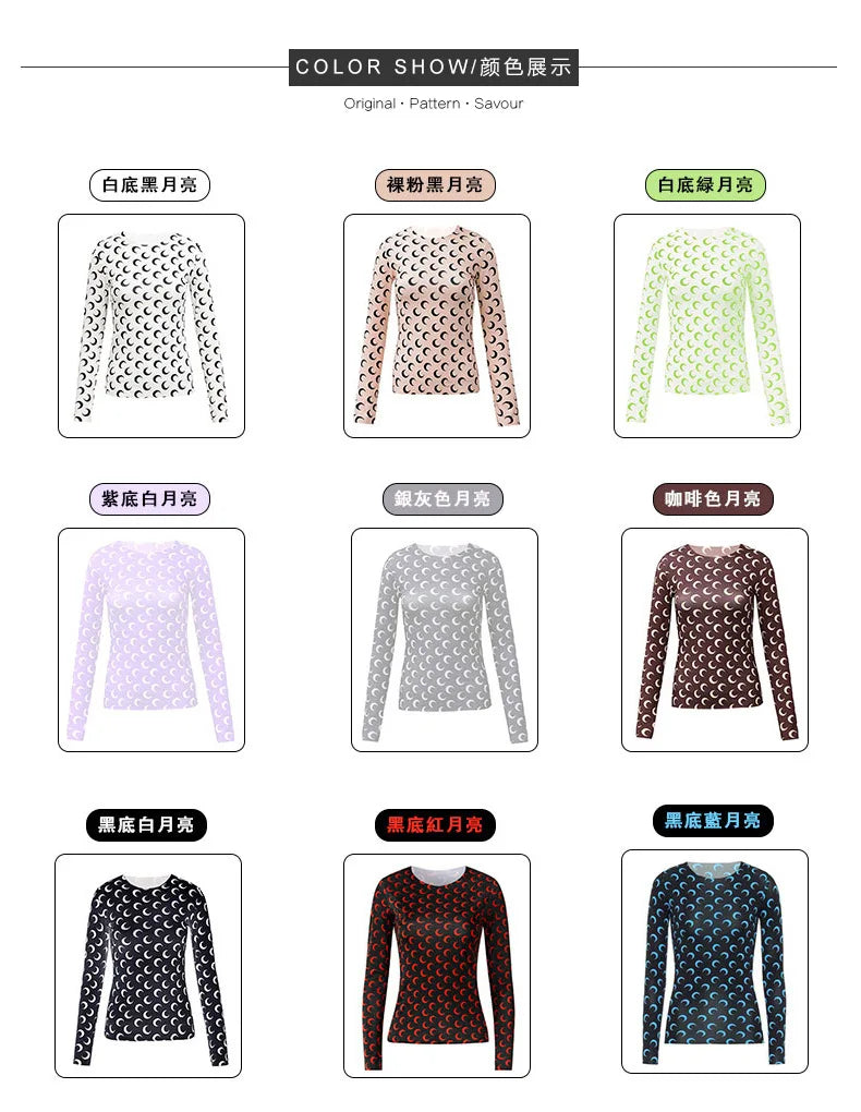 Woman Clothes Korean Moon Print Long Sleeve T-Shirt Fashion Casual Layered Sun Protection Top Ice Silk Basic Tee Spring Autumn NovaCart