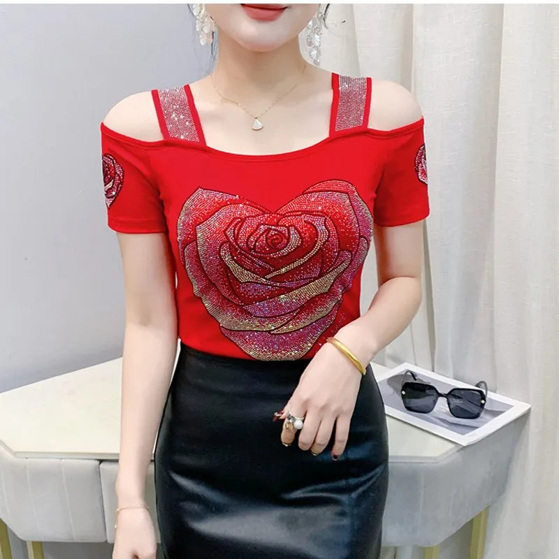 M-3XL Summer European Women's Clothes High Quality T-Shirt Luxury Hot Diamonds Design Slim Tees Sexy Girls Streetwear Tops NovaCart