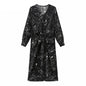 V-neck Long Sleeve Printed Dress Slim Waist Lace-up Split Midi Dress vestidos
