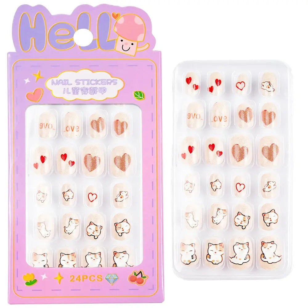 24Pcs/box Kids nails for Girl Cartoon Pattern False Nail Cute Child Fake Nails Tips Kawaii Acrylic Artificial Press on Nail+Tool NovaCart