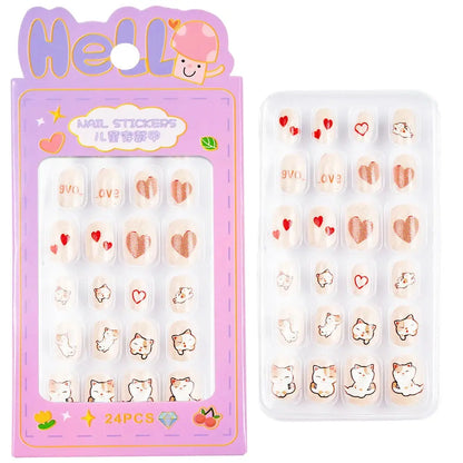 24Pcs/box Kids nails for Girl Cartoon Pattern False Nail Cute Child Fake Nails Tips Kawaii Acrylic Artificial Press on Nail+Tool NovaCart