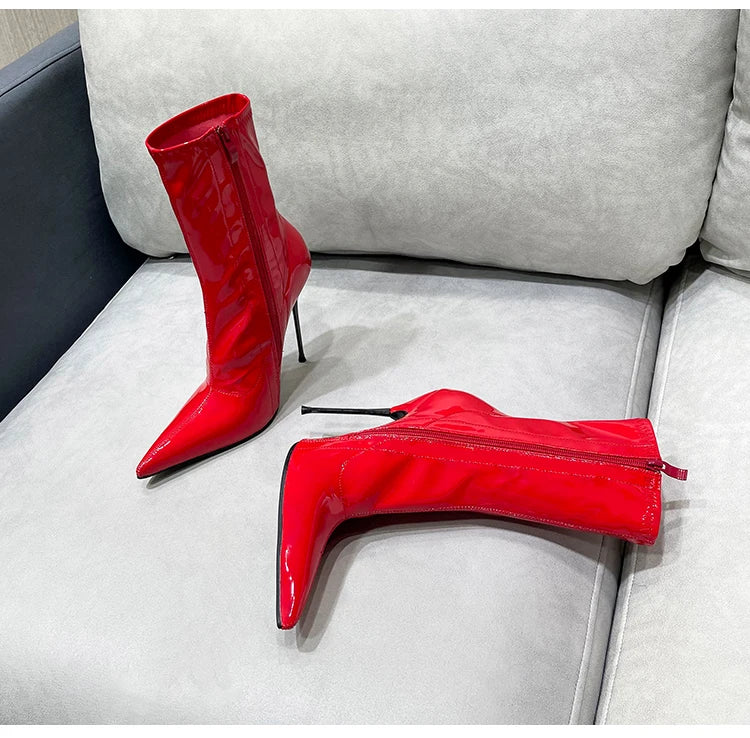 Knee-High Pointy Toe Women Boots 13cm Ultra Thin Steel High Heels Metal Heel Patent Leather Wide Calf Boots for Women Plus Size NovaCart