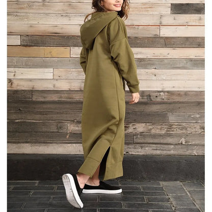 Hoodies Dress For Women Fashion 2025 Hem Lace-up Midi Robe Hooded Long Dress Autumn Winter Warm Casual Loose Sweatshirt Vestidos NovaCart