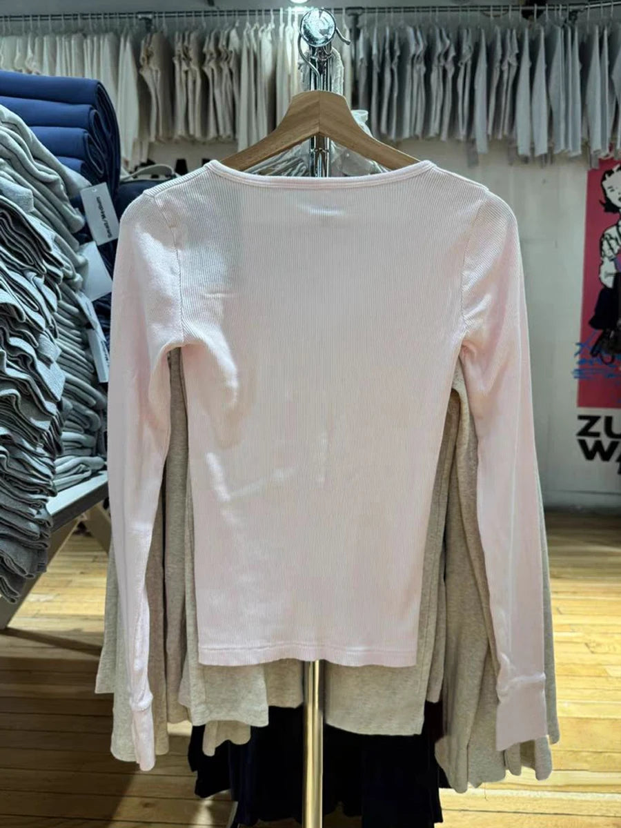 Six Buttons Ribbed Long Sleeve T-shirts Women Spring Round Neck Cotton Slim Tee Top Female Sweet Cute Pink Tshirt Y2k Tops New NovaCart