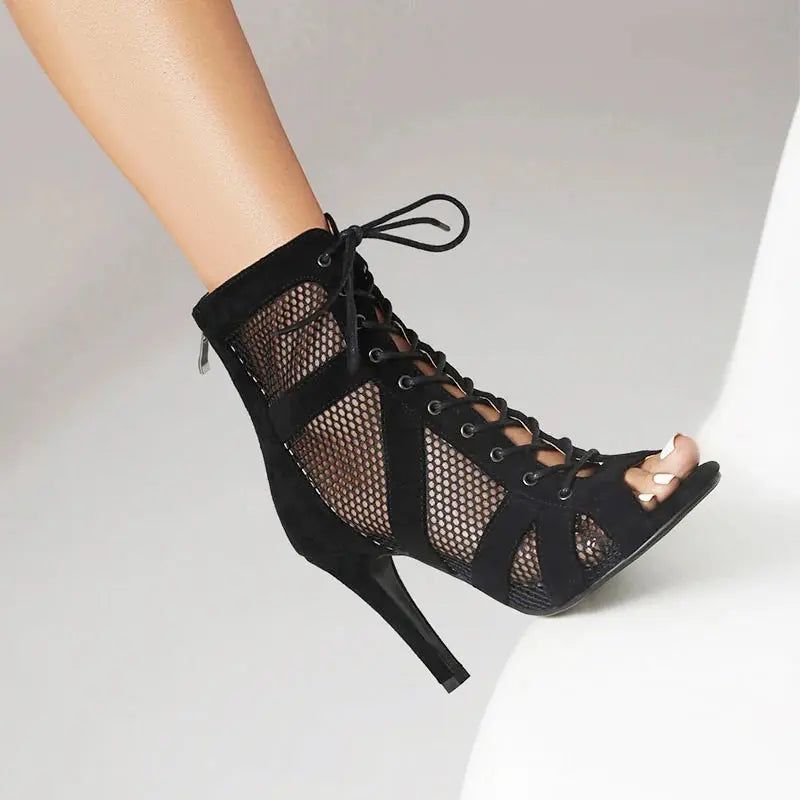 Women Latin Dance Shoes Black Boots High-Top High Heels Salsa Sandals Mesh Tango Boots Ladies Woman Party Ballroom Dance Shoes NovaCart