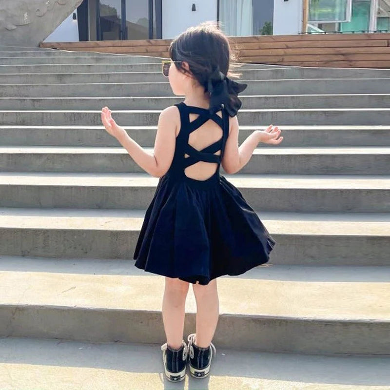 2024 Summer Girls Elegant Goth Dresss Black Sleeveless Tutu Dress Backless Off Shoulder Party Kid Dresses 2 4 5 6 7 8 Years Old NovaCart