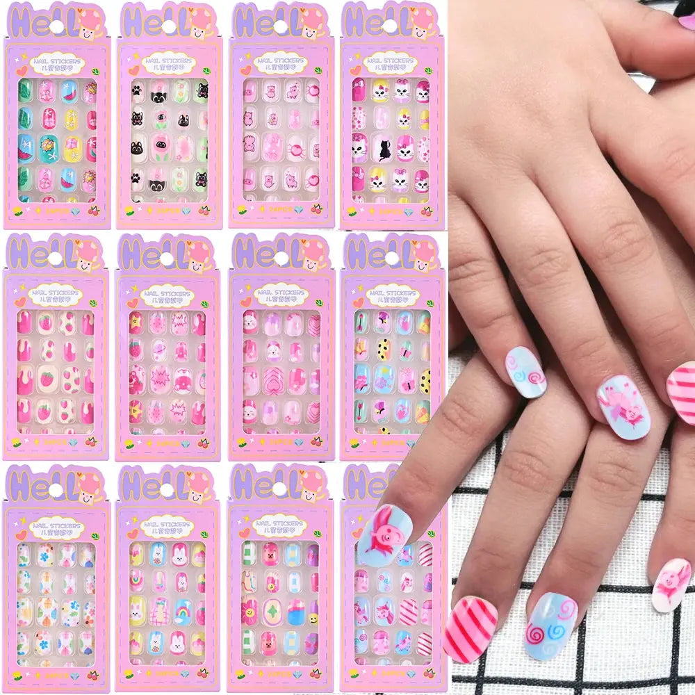 24Pcs/box Kids nails for Girl Cartoon Pattern False Nail Cute Child Fake Nails Tips Kawaii Acrylic Artificial Press on Nail+Tool NovaCart