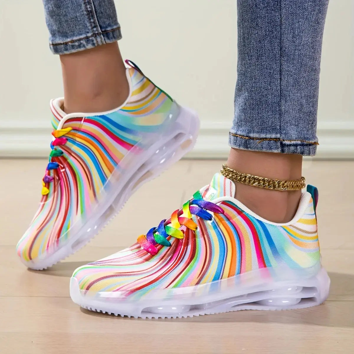 Women's Rainbow Stripe Casual Sports Shoes Summer Mesh Fashion Flat Beach and Leisure Holiday Lace-up Running Shoes for Ladies NovaCart