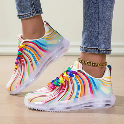 Women's Rainbow Stripe Casual Sports Shoes Summer Mesh Fashion Flat Beach and Leisure Holiday Lace-up Running Shoes for Ladies NovaCart