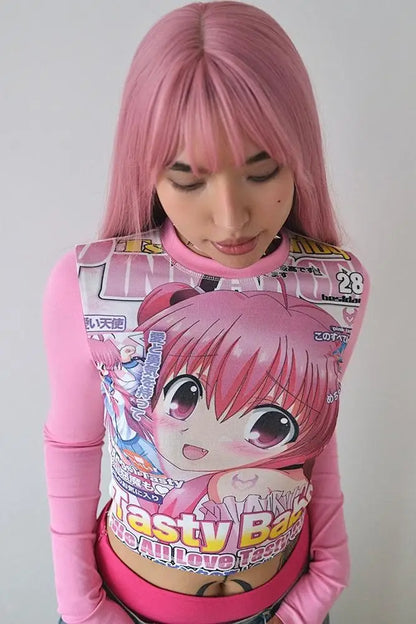 Deeptown Harajuku Kawaii Anime Graphic T Shirts Women Cutecore Cartoon Patchwork Tees Y2K Aesthetic Slim Crop Top Japanese 2000s NovaCart