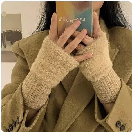 Women's Warm Plush Half-Finger Gloves for Autumn Winter Multi-Functional Cute Office Wear Cold-Resistant Fingerless Mittens Pi-Mart