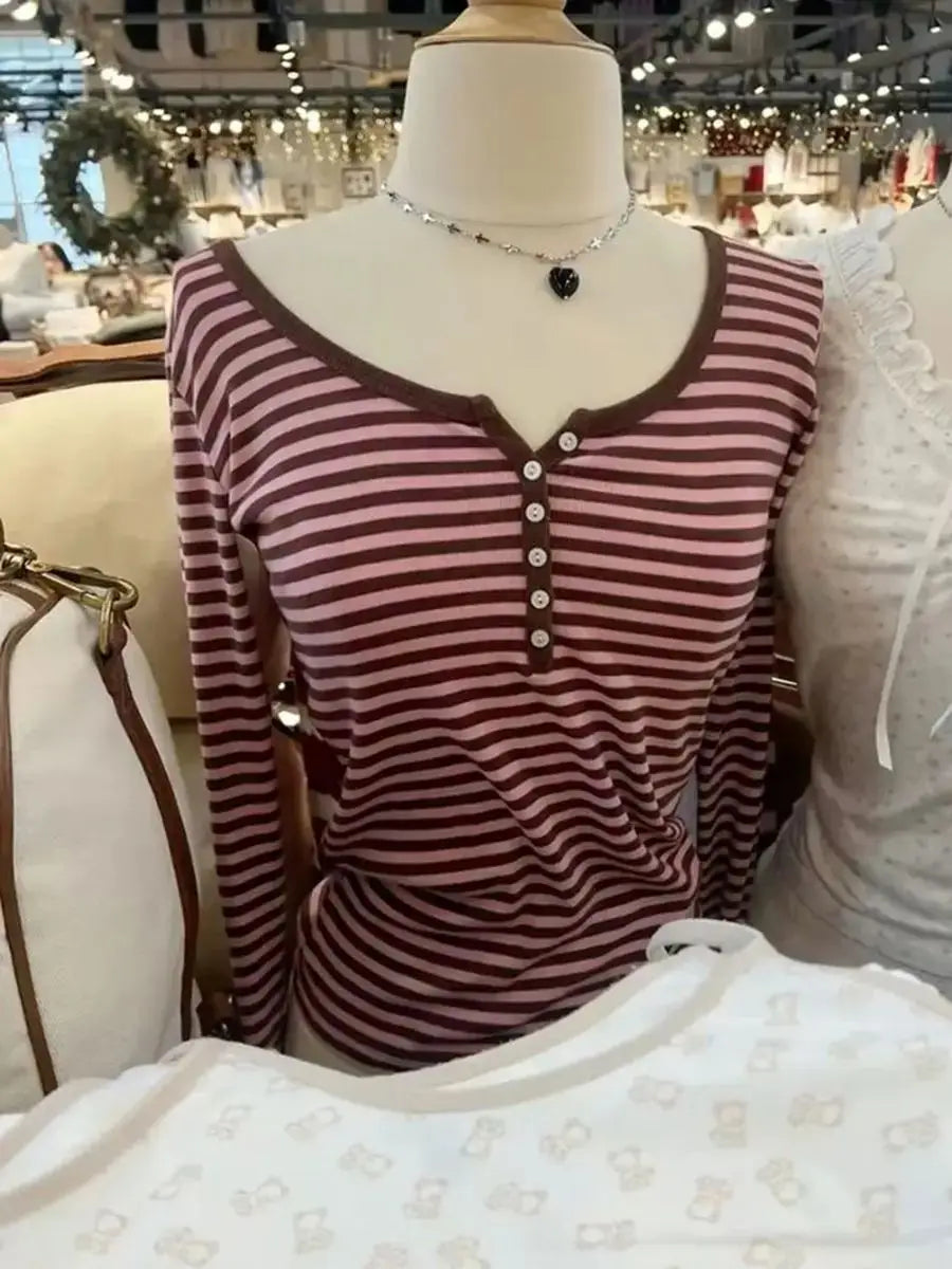 Six Buttons Ribbed Long Sleeve T-shirts Women Spring Round Neck Cotton Slim Tee Top Female Sweet Cute Pink Tshirt Y2k Tops New NovaCart