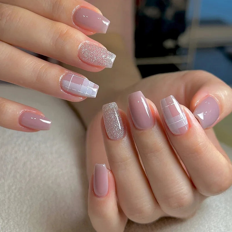 24Pcs Short Square Coffin False Nails Square Fake Nails with Glue French Glitter Wearable Acrylic Nails Set Press on Nail Tips NovaCart