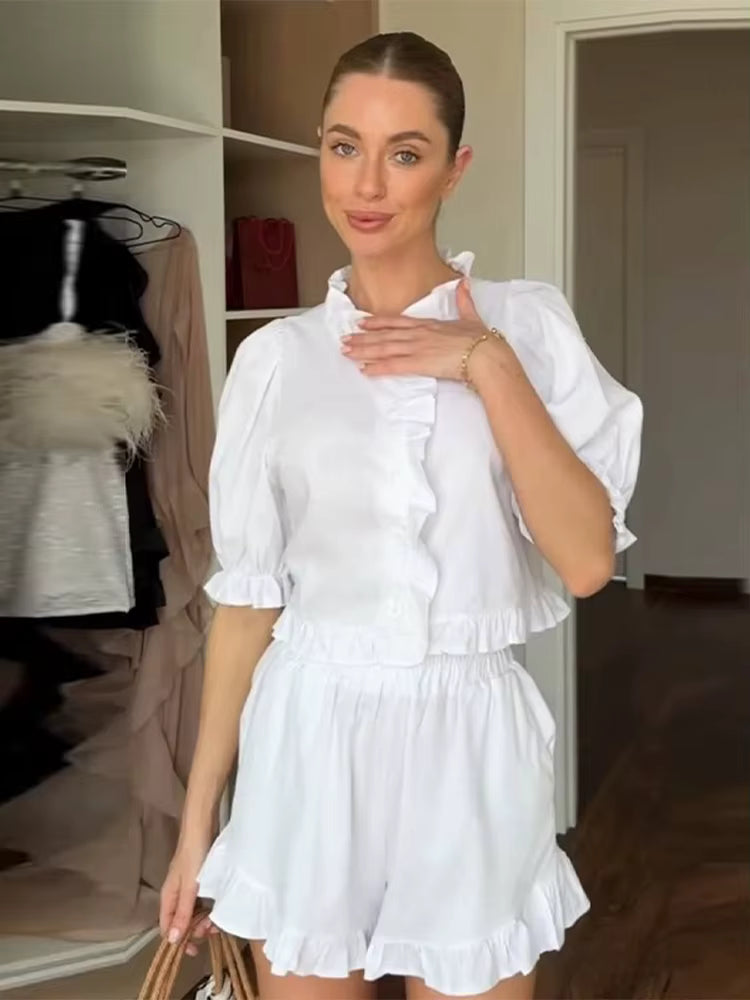 Women's Ruffled Linen-Blend Cropped Blouse & Shorts Set FitiqueFit