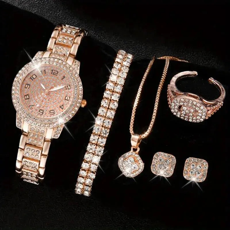 6PCS Women Watch Luxury Elegant Alloy Watch Crystal Wristwatch For Ladies Gift Quartz Watch Alloy Rhinestone Bracelet Montre NovaCart