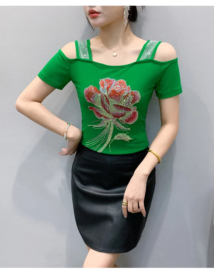 M-3XL Summer European Women's Clothes High Quality T-Shirt Luxury Hot Diamonds Design Slim Tees Sexy Girls Streetwear Tops NovaCart