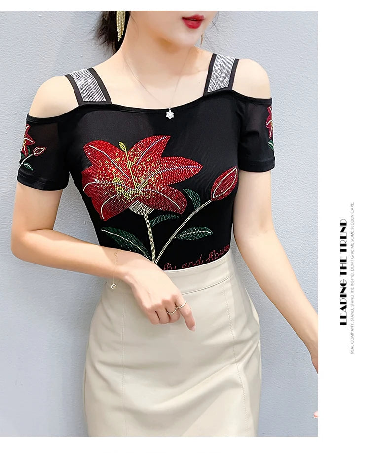 Women's Clothes New Design Sexy Off Shoulder Shiny Diamonds T-Shirts Luxury Brand Mesh Tees Tops Blouse Shirt NovaCart