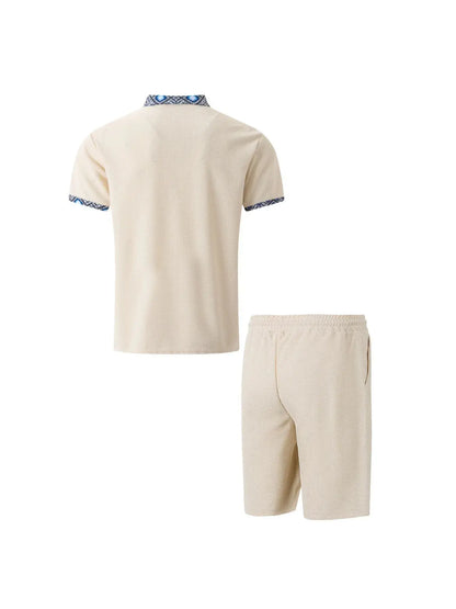2025 Men Europe and the United States new summer Waffle solid color zip-up lapel short-sleeve suit shorts two sets NovaCart