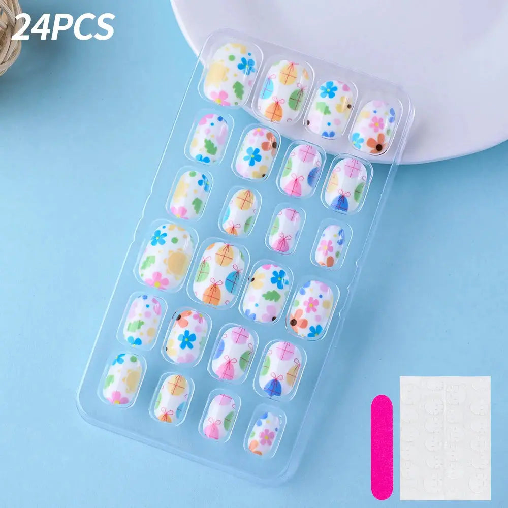 24Pcs/box Kids nails for Girl Cartoon Pattern False Nail Cute Child Fake Nails Tips Kawaii Acrylic Artificial Press on Nail+Tool NovaCart