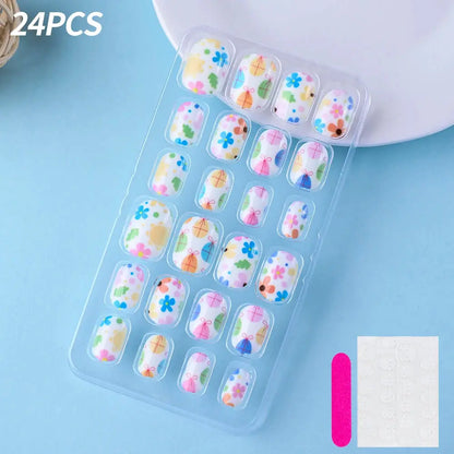 24Pcs/box Kids nails for Girl Cartoon Pattern False Nail Cute Child Fake Nails Tips Kawaii Acrylic Artificial Press on Nail+Tool NovaCart