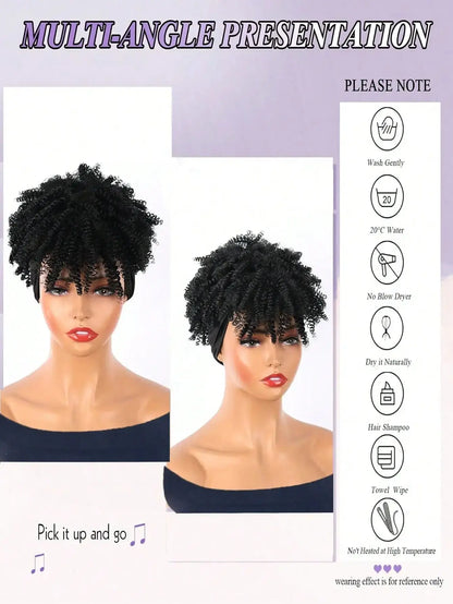 Headband Wigs for Synthetic Short Afro Kinky Curly Wigs Dark Brown Wig with Bangs Wrap Wigs 2 in 1 synthetic Wig Drawstring NovaCart