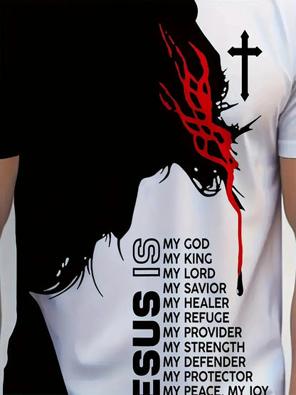 1pc Men'S Casual Polyester T-Shirt with 3D Jesus Graphic Print,Crew Neck,Short Sleeve,Slight Stretch Knit Fabri NovaCart