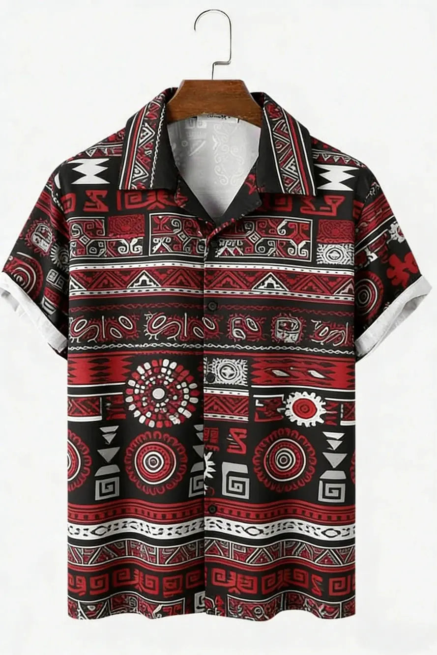 Men's New Linen Ethnic Tribal Style 3D Printed Shirt Hawaiian Tropical Breathable Comfortable Short-sleeved Lapel Clothes Men'S NovaCart