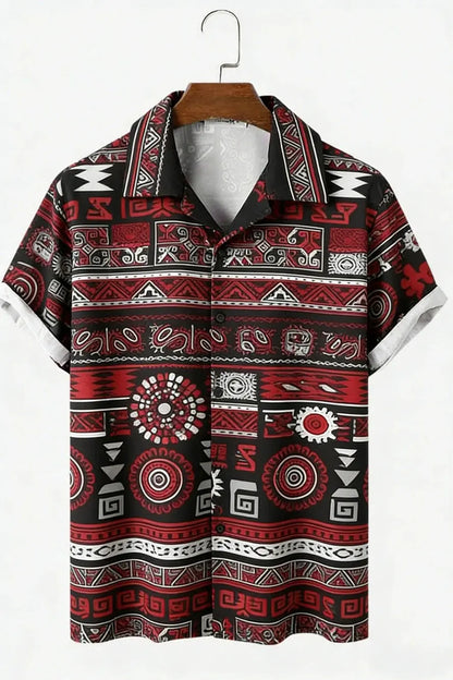 Men's New Linen Ethnic Tribal Style 3D Printed Shirt Hawaiian Tropical Breathable Comfortable Short-sleeved Lapel Clothes Men'S NovaCart