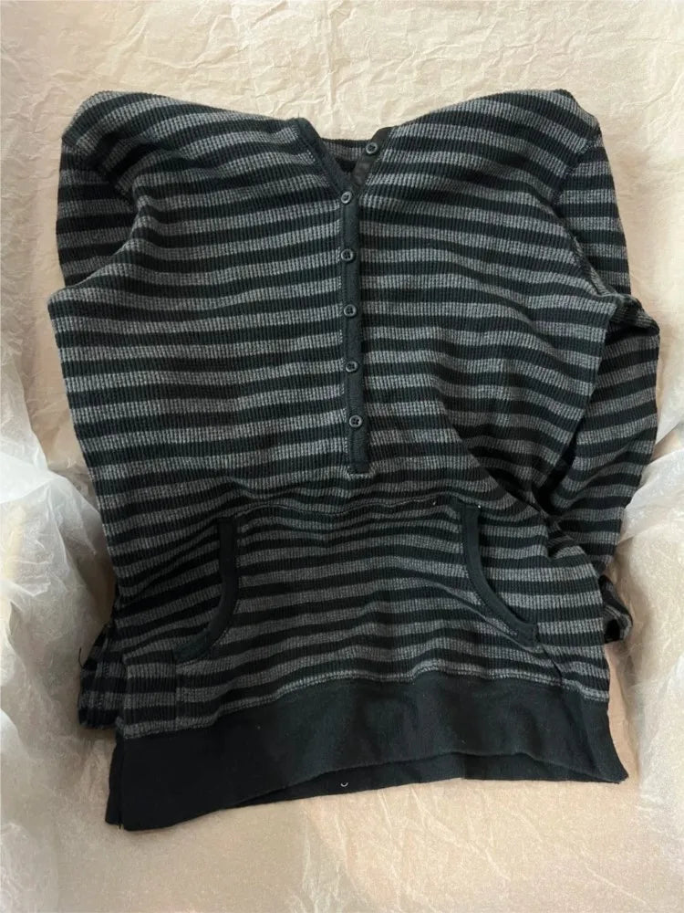 Gray Striped Waffle Hooded T-shirt Women Five  Button CottonSlim Long Sleeve Tee Shirt Casual Preppy Style Vintage Tshirt Y2k NovaCart