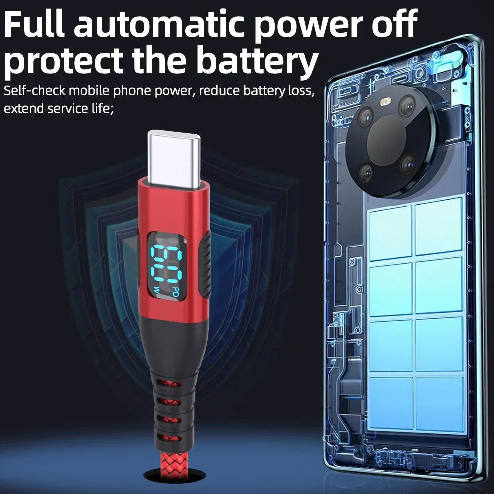 HOMEFISH LED Digital Display Dual Head Type-C Super Fast Charger 100W 6A Compatible with Huawei Xiaomi Phone PD Charging Cable Pi-Mart