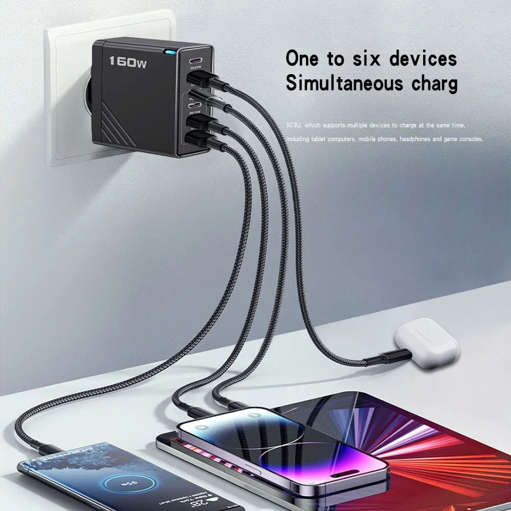 160W USB C Charger Fast Charging PD QC3.0 Wall Charger Adapter For iPhone 16 Samsung S24 Xiaomi Huawei Multi Ports Phone Charger Pi-Mart