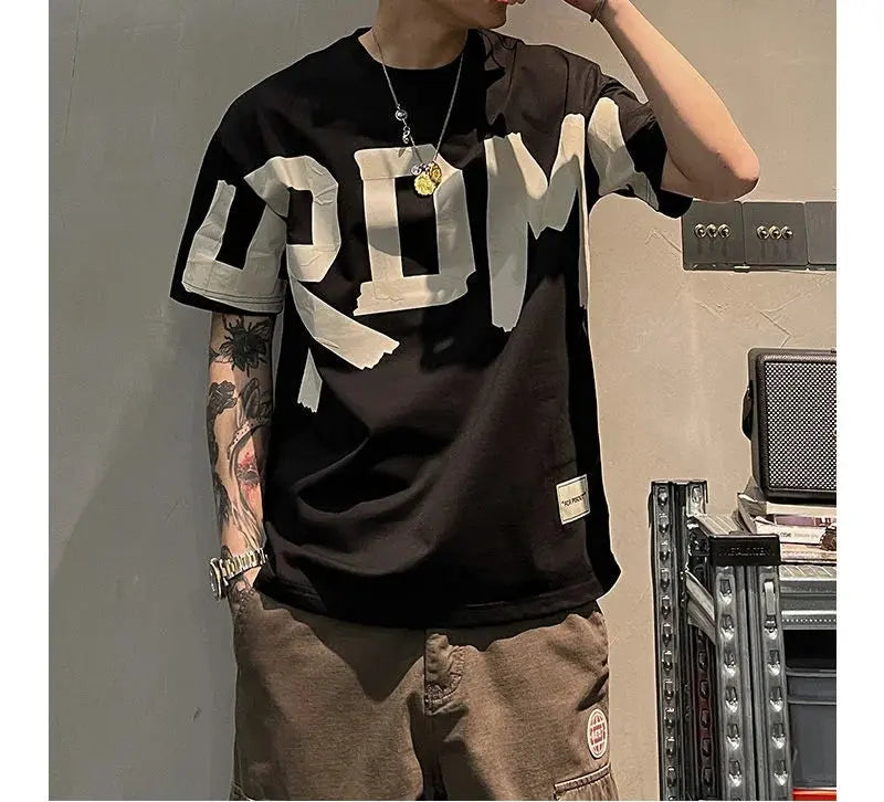 2023 Summer Casual All-match Trend Korean Fashion Short Sleeve Round Neck Solid Color Letter Printed Loose Fashion Youth T-shirt NovaCart