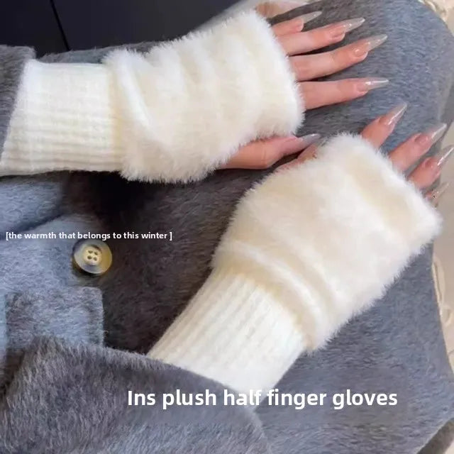 Women's Warm Plush Half-Finger Gloves for Autumn Winter Multi-Functional Cute Office Wear Cold-Resistant Fingerless Mittens Pi-Mart