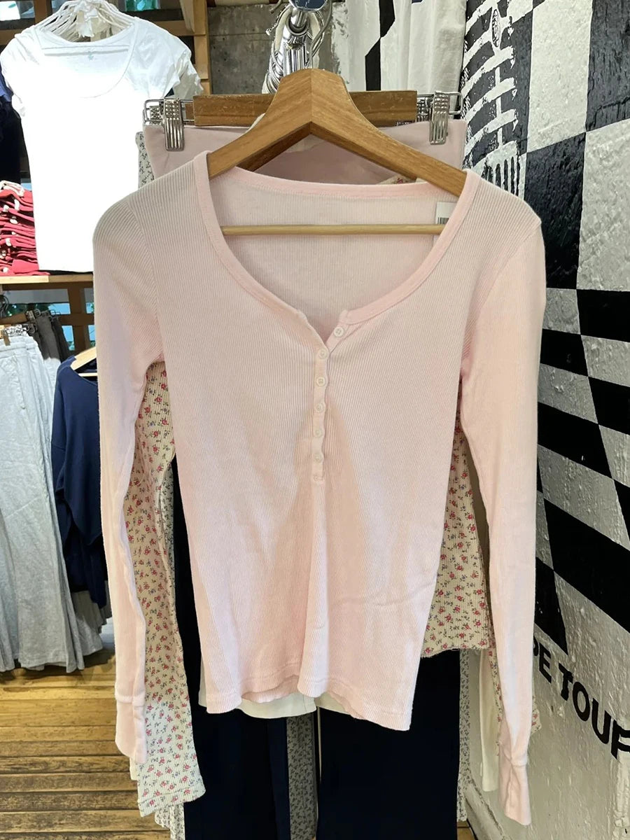 Six Buttons Ribbed Long Sleeve T-shirts Women Spring Round Neck Cotton Slim Tee Top Female Sweet Cute Pink Tshirt Y2k Tops New NovaCart
