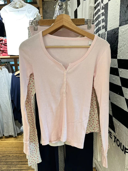 Six Buttons Ribbed Long Sleeve T-shirts Women Spring Round Neck Cotton Slim Tee Top Female Sweet Cute Pink Tshirt Y2k Tops New NovaCart