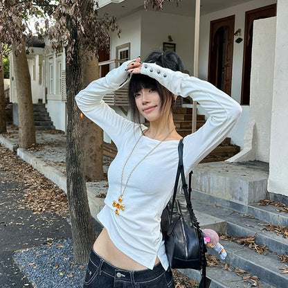 Tonngirls American Retro Print T-shirt Women Long Sleece Button Graphic Tops Y2k Tops 2000s Japanese Grunge Tops E-girls Autumn NovaCart