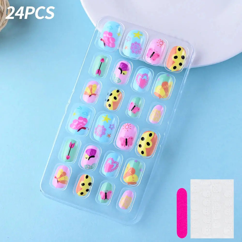 24Pcs/box Kids nails for Girl Cartoon Pattern False Nail Cute Child Fake Nails Tips Kawaii Acrylic Artificial Press on Nail+Tool NovaCart