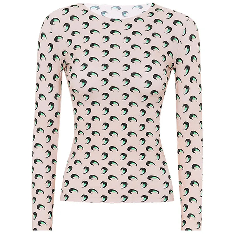 Woman Clothes Korean Moon Print Long Sleeve T-Shirt Fashion Casual Layered Sun Protection Top Ice Silk Basic Tee Spring Autumn NovaCart