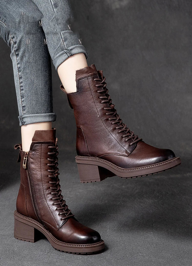 Birkuir Winter Plush Warm Boots Genuine Leather Women Snow Boots 6cm Thick Heel Shoes Handmade Side Zip Leisure Platform Boots NovaCart