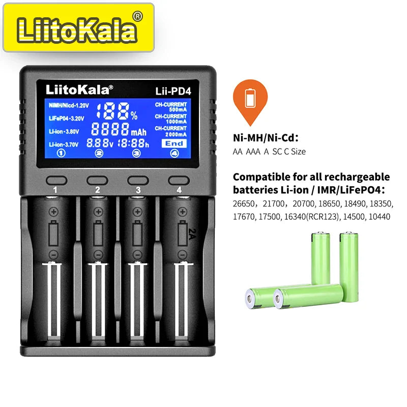 LiitoKala Lii-PD4/PD2 AC PD Charger LCD Fast Charging 4/2-Bay for 21700/18650/AA/AAA Multi-Protection Auto-Detect Pi-Mart