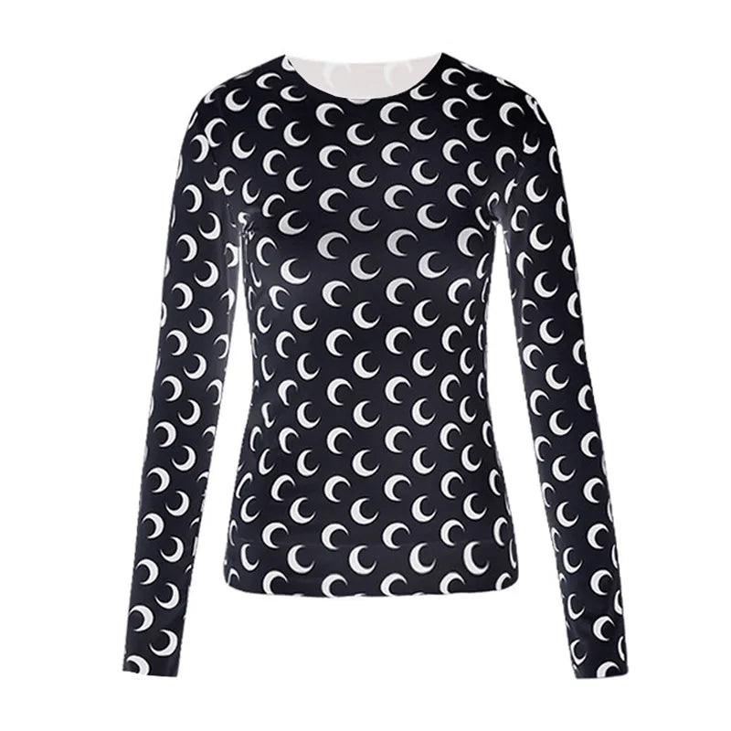 Woman Clothes Korean Moon Print Long Sleeve T-Shirt Fashion Casual Layered Sun Protection Top Ice Silk Basic Tee Spring Autumn NovaCart