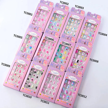 24Pcs/box Kids nails for Girl Cartoon Pattern False Nail Cute Child Fake Nails Tips Kawaii Acrylic Artificial Press on Nail+Tool NovaCart