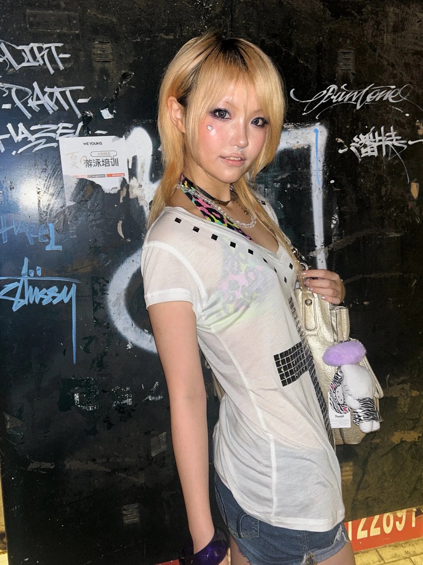 Karrram Japanese Y2k Metal Cross Print T-shirt Vintage Harajuku Short Sleeve Sheer Tops Trashy 2000s V-neck Streetwear Grunge NovaCart