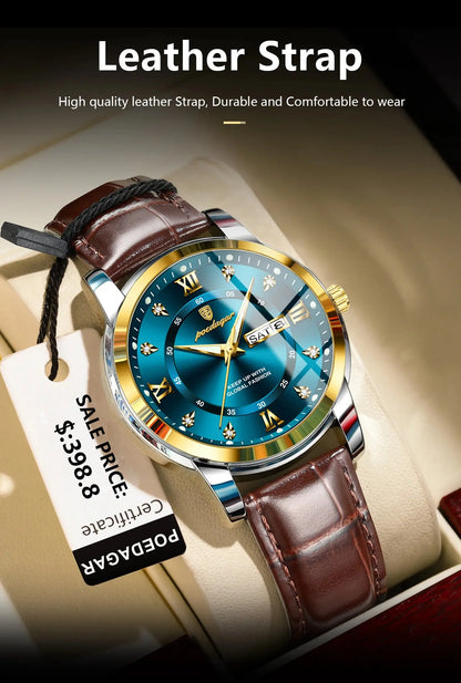 POEDAGAR Luxury Business Male Wristwatch Waterproof Luminous Leather Man Watch Date Week Sport Casual Men's Quartz Watches reloj NovaCart
