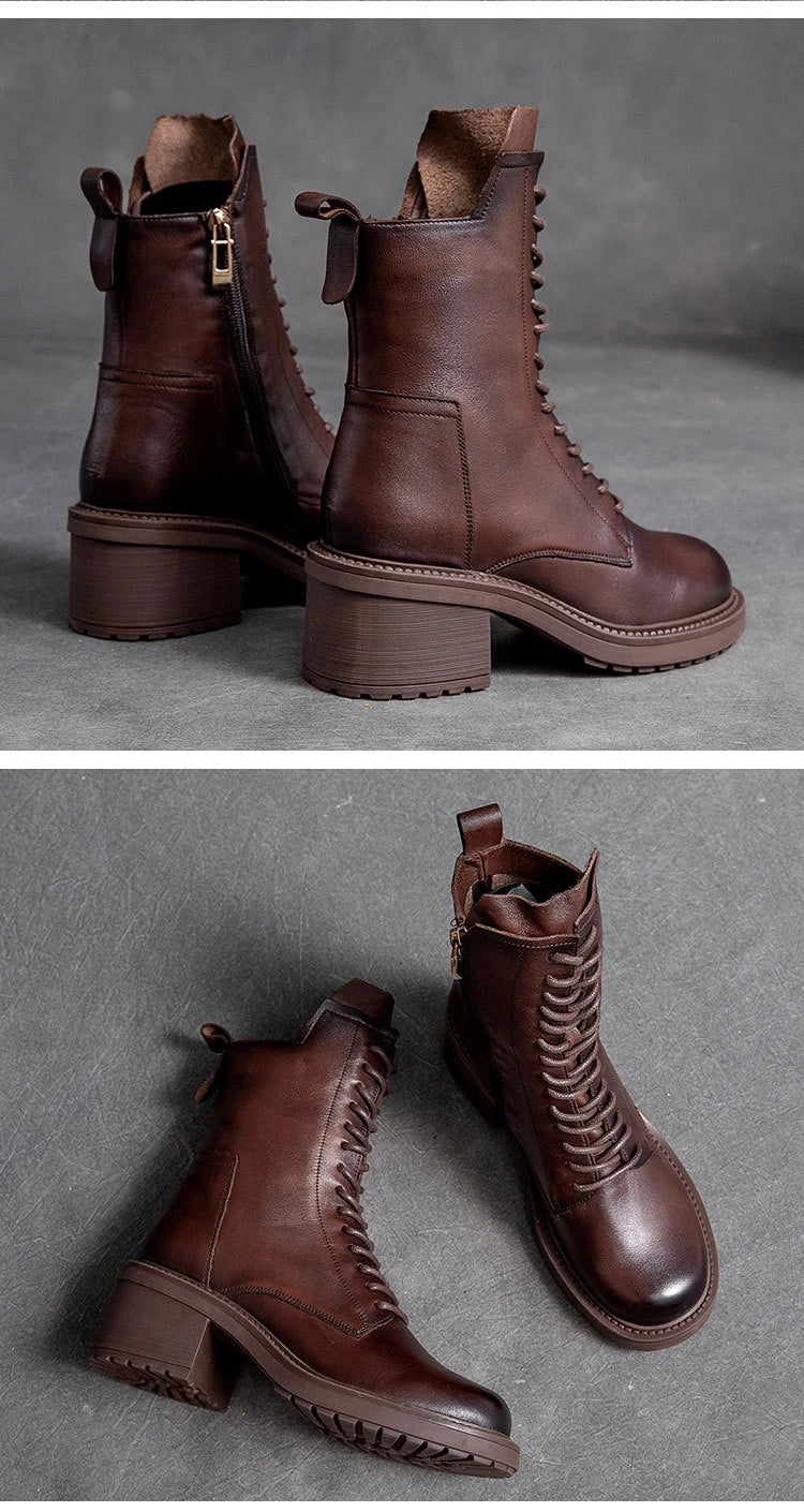 Birkuir Winter Plush Warm Boots Genuine Leather Women Snow Boots 6cm Thick Heel Shoes Handmade Side Zip Leisure Platform Boots NovaCart