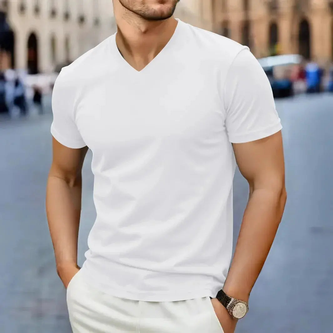 2025 New Men's Casual Fashion Simple V-neck Short Sleeved T-shirt Summer Comfortable Breathable Versatile Top NovaCart