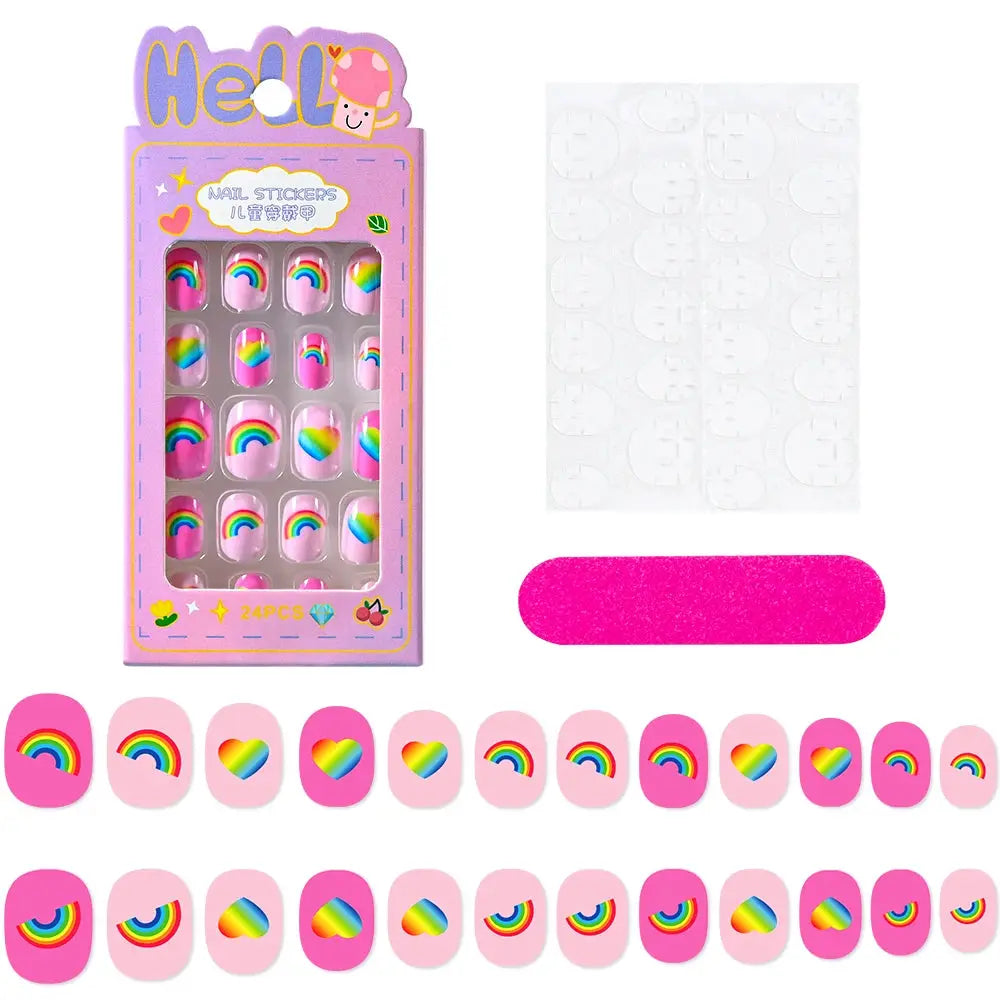 24Pcs/box Kids nails for Girl Cartoon Pattern False Nail Cute Child Fake Nails Tips Kawaii Acrylic Artificial Press on Nail+Tool NovaCart