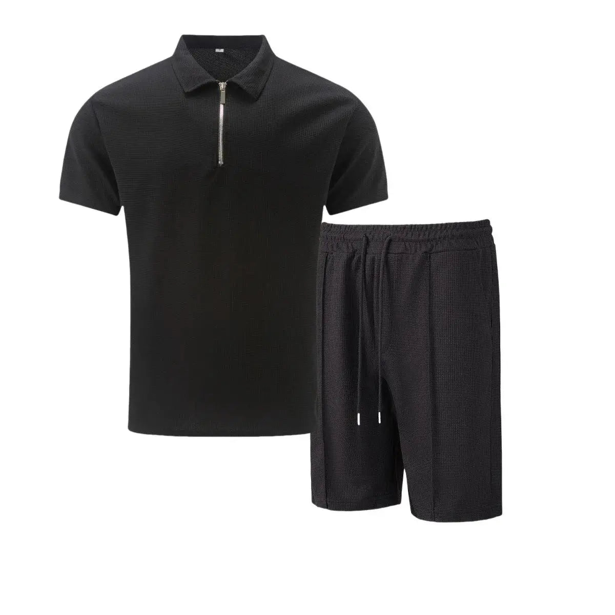 2025 Men Europe and the United States new summer Waffle solid color zip-up lapel short-sleeve suit shorts two sets NovaCart